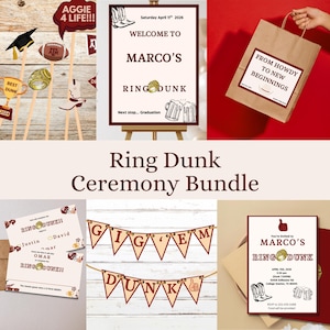 Puede incluir: Un conjunto de suministros para fiestas de graduación, que incluye letreros, pancartas e invitaciones. El tema es "Ring Dunk", con texto y gráficos relacionados con el evento. La combinación de colores incluye granate, blanco y marrón.