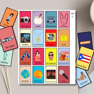 Juego de lotería de Bad Bunny: 10 tarjetas individuales y 42 tarjetas de presentación, PDF digital, divertido juego de fiesta para fanáticos, inspirado en la cultura pop musical