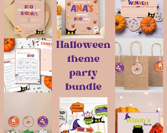 May include: A Halloween party bundle with printable decorations, games, and activities. The bundle includes a welcome sign, a voting sign, treat bags, cupcake toppers, photo booth props, and a sign for a witch's stew. The colors are orange, black, purple, and green.