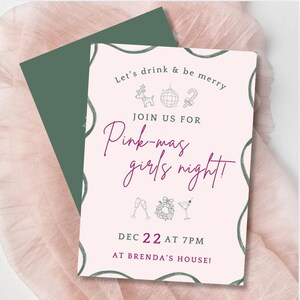 Invitación a fiesta navideña de chicas de Pink-mas / Plantilla Canva para celebraciones festivas y glamorosas / Invitación a la noche navideña de chicas de Sip and Sparkle