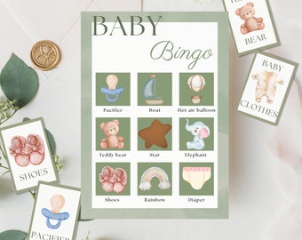 May include: A green and white baby bingo card with images of a pacifier, boat, hot air balloon, teddy bear, star, elephant, shoes, rainbow, and diaper. The card is surrounded by smaller cards with images of a teddy bear, baby clothes, shoes, and a pacifier.