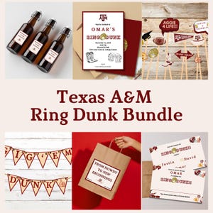 Texas A & M Ring Dunk Party Bundle| Gig 'Em Banner, Einladung, Photobooth Requisiten, Scorecards, Etiketten für Getränke|Aggie Abschlussfeier