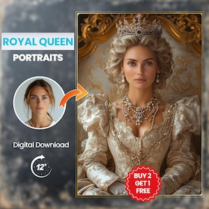 Personalized Queen Royal Woman Portrait from Photo, Custom Portraits, Perfect Birthday Gift, Face Swap Art