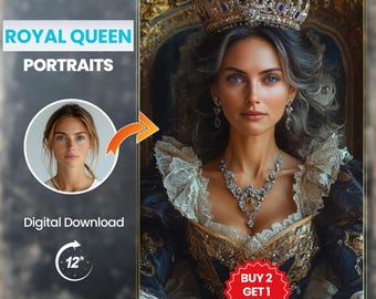 Könnte beinhalten: Ein digitaler Porträtservice namens "Royal Queen Portraits" mit einer Frau, die eine Krone und eine goldene Halskette trägt. Die Frau sitzt auf einem Thron. Der Text "Kaufe 2, erhalte 1 gratis" befindet sich in einem roten Kreis.