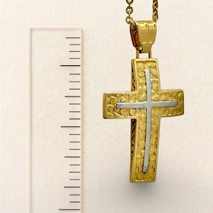 14K Gold Orthodox Cross Pendant • White Gold Inlay • Double-Sided Cross Necklace • Baptism Gift • Made in Greece