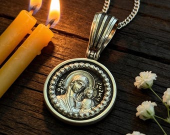 Sterling Silver Orthodox Kazanskaya Theotokos Pendant, Byzantine Cross (Blessed)