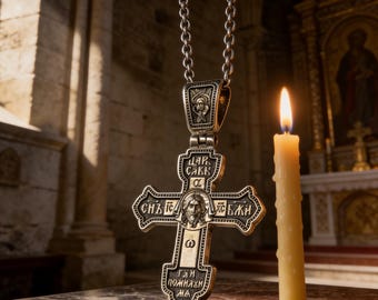 Colgante de cruz ortodoxa de plata de ley 925 / Rostro de Cristo bizantino, joyería cristiana griega hecha a mano.