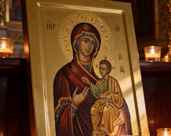 Hand-Painted Panagia Prostaitisa Icon: Byzantine Mother of God, Gold Leaf Orthodox Christian Art