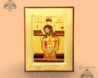 May include: A rectangular religious icon featuring a painted depiction of Jesus Christ with a crown of thorns, standing in a tomb with a spear and a reed. The artwork is set within a gold-coloured frame with a dark red border and includes the text MOUNT ATHOS ICONS.