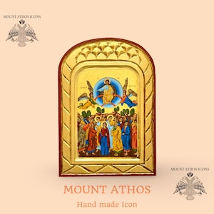 Ascension of Christ Icon • Premium Carved Byzantine Icon • 22K Gold Leaf • Handmade Greek Icon • Mount Athos Style