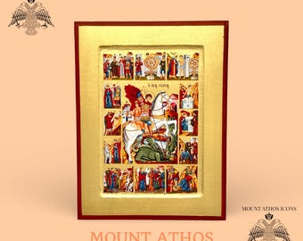 Saint George Orthodox Icon: Byzantine Dragon Slayer Art, Gold Leaf Sacred Image