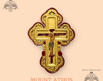 Handmade Orthodox Crucifix • Premium Carved Cross • 22K Gold • Byzantine Style • Greek Icon of Christ • Wall or Stand Display