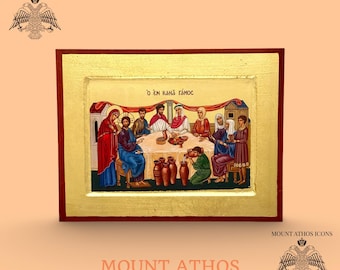 Wedding at Cana Icon: Handmade Byzantine 22K Gold Leaf Orthodox Art
