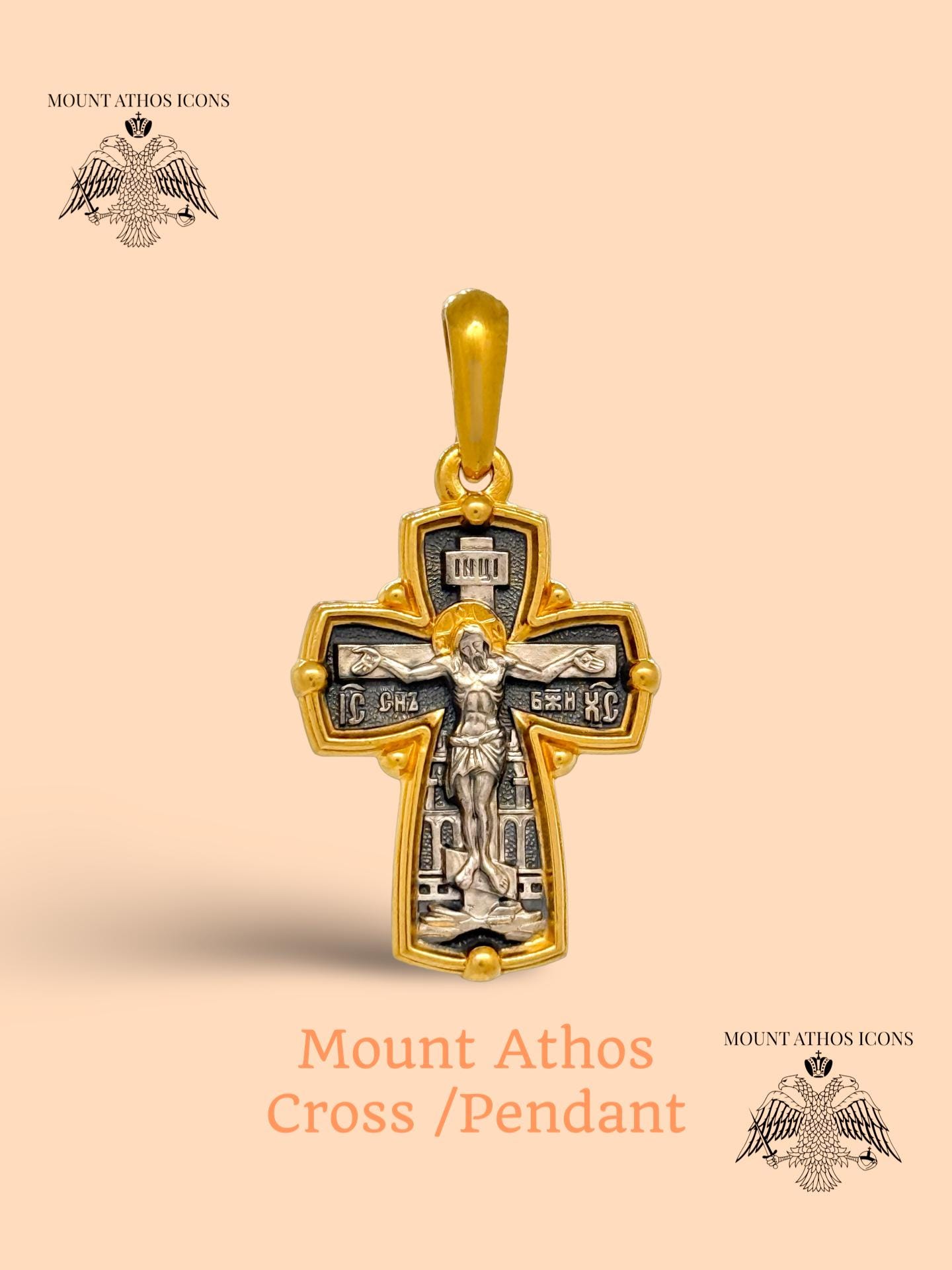 Orthodox Cross Pendant: 24K Gold-plated Silver, Saint Seraphim