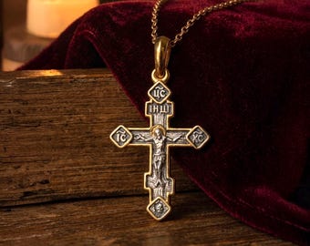 Orthodox Crucifix Pendant • 925 Silver & 24K Gold, Mount Athos Blessing