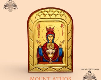 Handmade Orthodox Icon of The Inexhaustible Cup • Premium Carved Wood • 22K Gold • Traditional Byzantine Style • Made in Greece