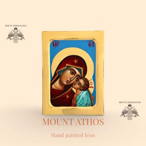 Theotokos Glykophilousa Icon • Mount Athos Hand-painted Icon • 24K Water-Gilded Egg Tempera • Sweet Kiss of the Virgin Mary & Christ
