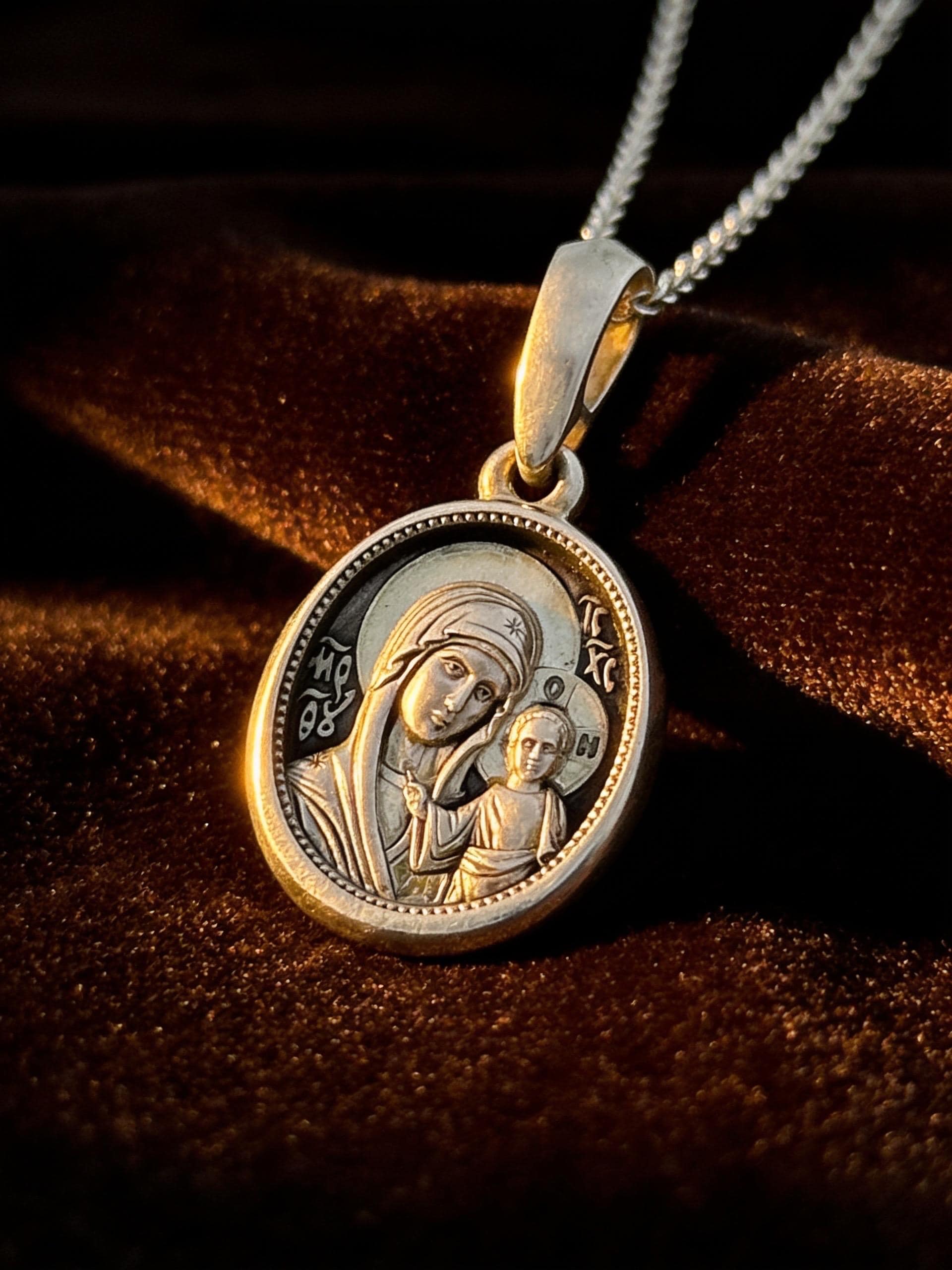 Kazan Orthodox Virgin Mary Pendant, 925 Sterling Silver Icon