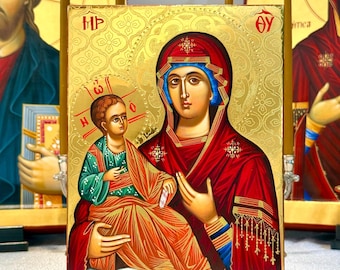 聖母トリヘロウサのイコン：24Kゴールドの手描きビザンチン美術