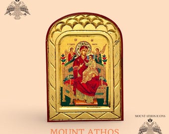 Handmade Orthodox Icon of Theotokos Pantanassa • 22K Gold • Carved Wood Frame • Healing Virgin Mary Icon • Made in Greece