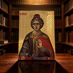 Hand-Painted Orthodox Icon of Prophet Daniel, Byzantine Wall Art with 24K Gold Leaf
