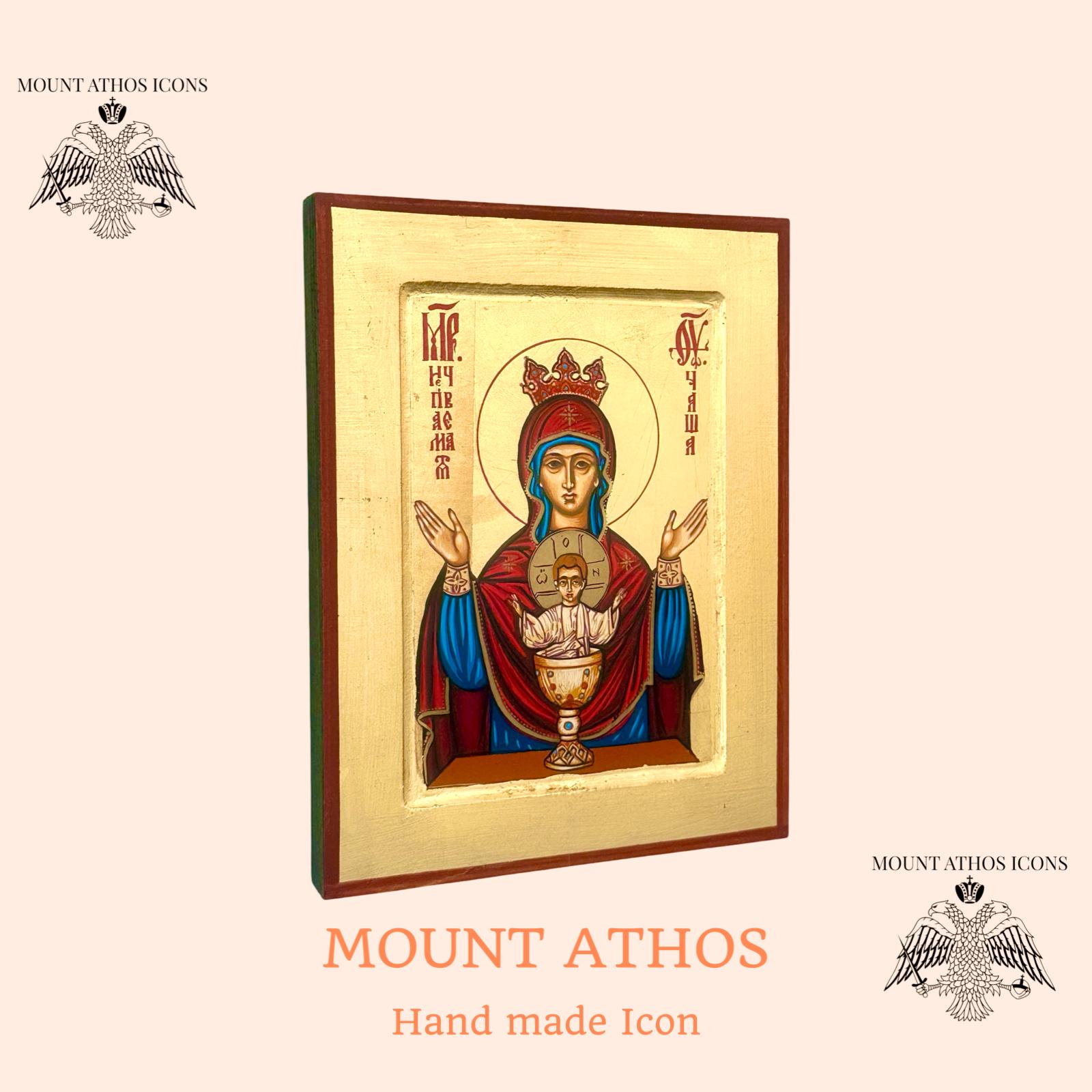 Handmade Byzantine Icon: Inexhaustible Cup Virgin Mary, Gold Leaf
