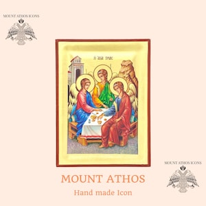Holy Trinity Icon – The Hospitality of Abraham – Handmade Byzantine Art with 22K Gold Leaf – Religious Gift for Family Blessing
