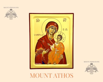 May include: Hand-painted icon of the Virgin Mary and baby Jesus. The icon is on a gold background with red and gold accents. The text on the icon reads "Η πολλίτισσα" and "θν".