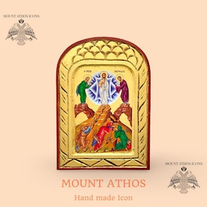 Transfiguration of Christ Icon • Premium Carved Byzantine Icon • 22K Gold Leaf • Handmade Greek Icon • Mount Athos Style