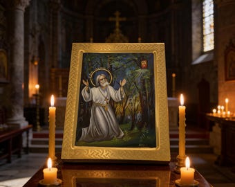 Hand-Painted Orthodox Icon Saint Seraphim of Sarov Byzantine 24K Gold Leaf