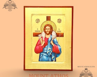 Handgefertigte Ikone „Christus der Gute Hirte“ im byzantinischen Stil
