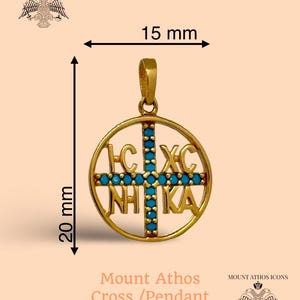 Orthodox 14K Gold Pendant • IC XC NIKA Cross Medallion • Turquoise Gemstones • Byzantine Style Round Pendant • Jesus Christ Conquers