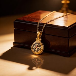 May include: A gold pendant necklace with a clover design and a small red gemstone in the center. The pendant hangs on a delicate gold chain. The necklace is displayed on a wooden box, with a lamp in the background.