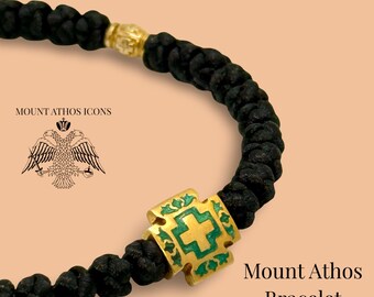 Mount Athos Prayer Rope Bracelet: Green Cross, Slavonic Inscription