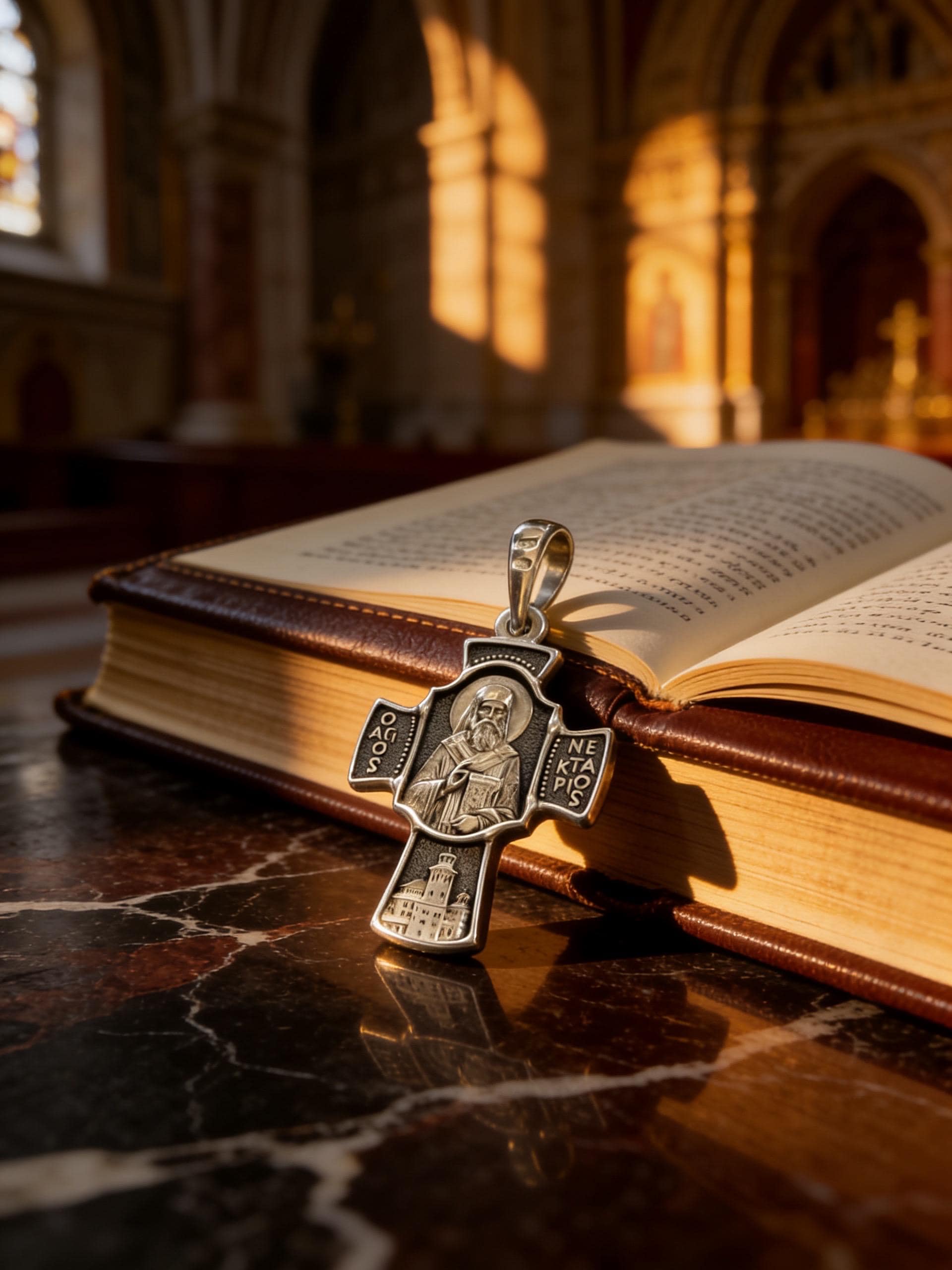 Orthodox Cross Pendant Saint Nektarios | 925 Sterling Silver