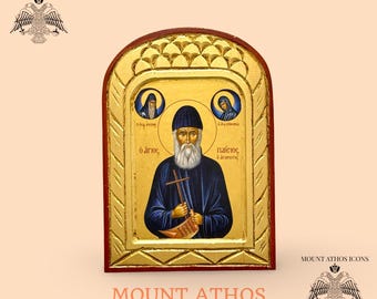 Saint Paisios Orthodox Icon • Premium Carved Byzantine Icon • 22K Gold Leaf • Handmade Greek Icon • Mount Athos Style