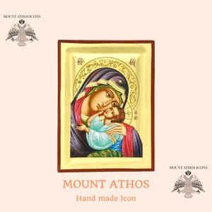 Handmade Theotokos Glykophilousa Icon: 22K Gold Byzantine Wall Art