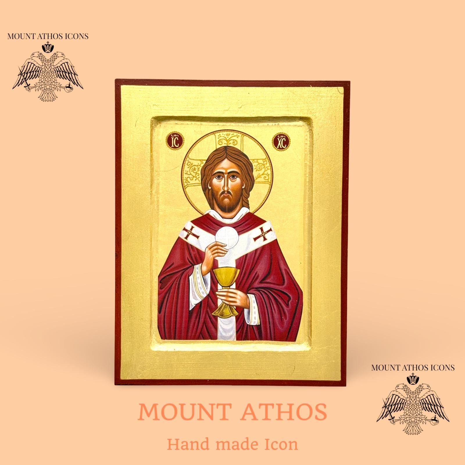 Handmade Christ of the Eucharist Icon: 22K Gold Leaf