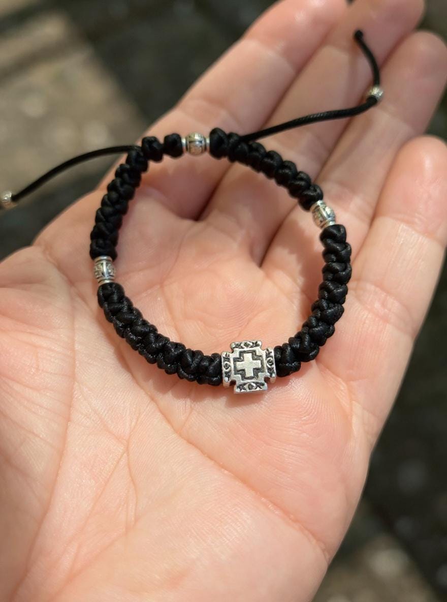 Orthodox Prayer Rope Bracelet: Silver Cross, Handmade Waxed Cord