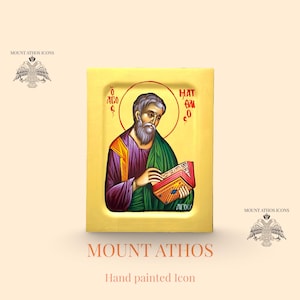 Hand-Painted Saint Matthew Icon | 22K Gold Leaf, Mount Athos
