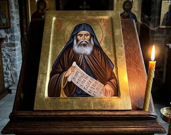 Hand-Painted Saint Silouan Icon: Byzantine Orthodox Art, 22K Gold Leaf
