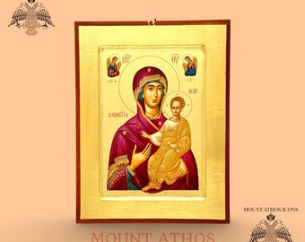 Icono ortodoxo de la Theotokos Hodegetria. Icono bizantino de la Virgen María hecho a mano con pan de oro.