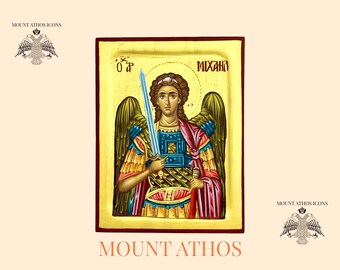 Archangel Michael Hand Painted Icon Religious Gift Mount Athos Gift Icon With Gold 22K Byzantine Art, Orthodox Icon / Greek / Handmade