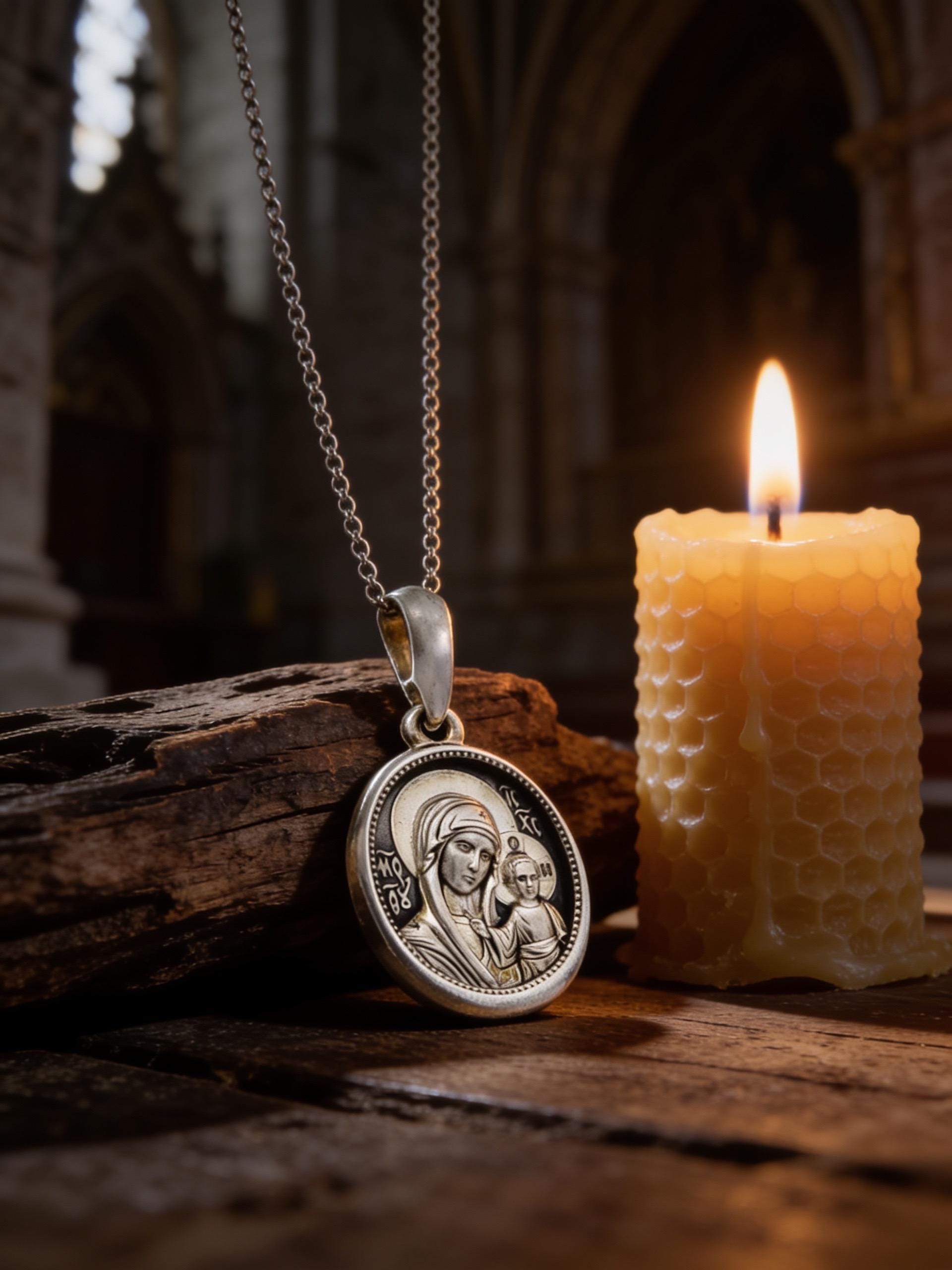 Kazan Orthodox Virgin Mary Pendant, 925 Sterling Silver Icon