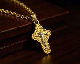 Colgante de cruz ortodoxa de oro de 14 quilates con crucifijo de oro blanco - Hecho a mano en Grecia