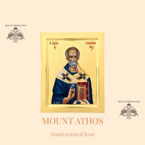 Saint Nicholas Orthodox Icon • Hand-Painted Byzantine Art • 24K Gold • Bishop of Myra • Greek Christian Icon from Mount Athos