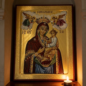 Hand-Painted Byzantine Icon: Panagia Gorgoepikoos Virgin Mary, 24K Gold Leaf