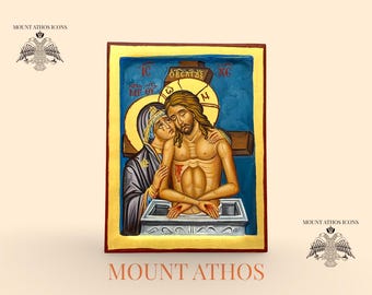 Orthodox Icon of the Epitaphios Lamentation • Hand-Painted Mount Athos Icon • 22K Gold Leaf • Theotokos Holding Christ •Byzantine Sacred Art