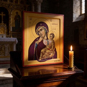 Può includere: Icona religiosa raffigurante una donna e un bambino, con tonalità oro e viola, posta su un supporto di legno. Una candela accesa è posta nelle vicinanze, creando una luce calda. L'icona ha testo in una lingua straniera.