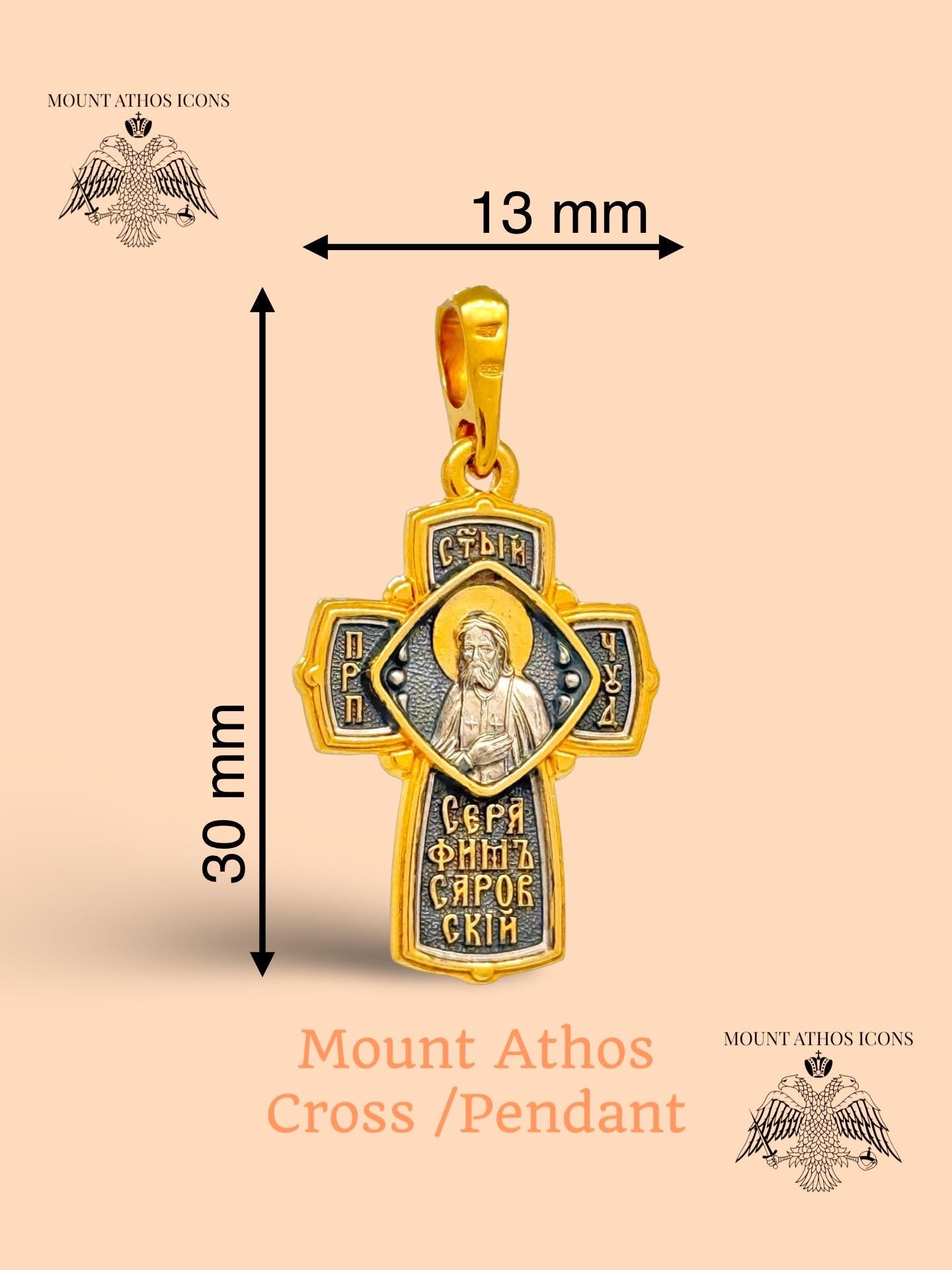 Orthodox Cross Pendant: 24K Gold-plated Silver, Saint Seraphim